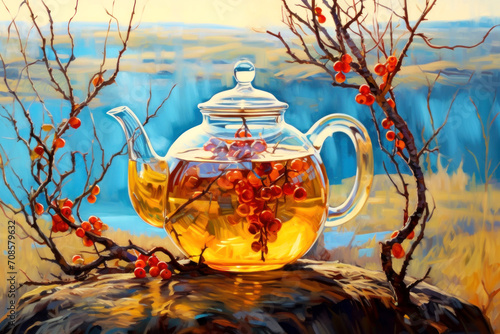 Elegant glass teapot with sprig of sea buckthorn inside stands on stone. Berry tea outdoors. Generated by AI.