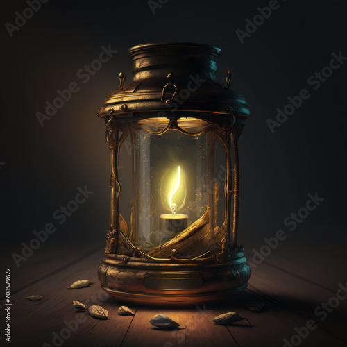 Lit vintage rusty kerosene lamp on a dark background with flying dust particles. Retro oil lamp on a gravel path