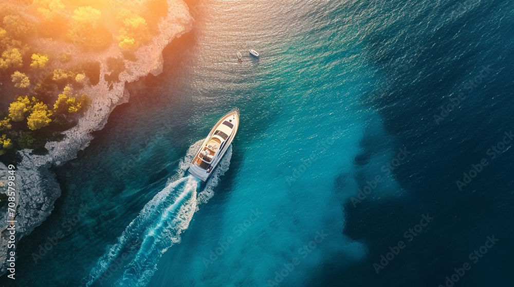 夏の夕暮れ時の澄んだ青い水の中のスピードボートの空撮GenerativeAI - obrazy, fototapety, plakaty 