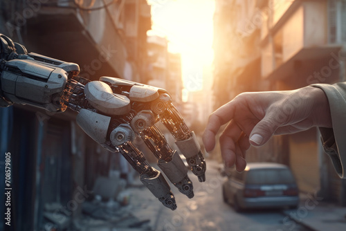 Female hand with neat manicur contacts mechanized robot arm. Touch of human and android on background of city street. Generated by AI.