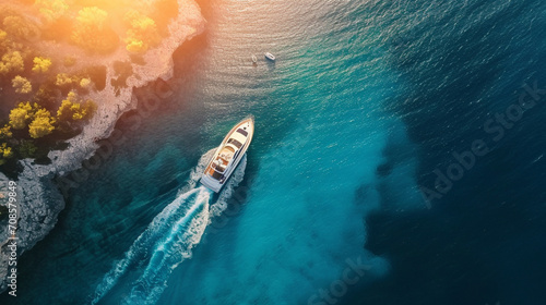 夏の夕暮れ時の澄んだ青い水の中のスピードボートの空撮GenerativeAI photo