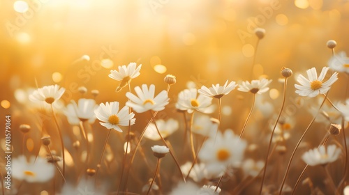 Beautiful summer autumn background with small daisy flowers with white petal and sunny lights. Artistic golden toned image of fairy meadow, macro amazing landscape. 
