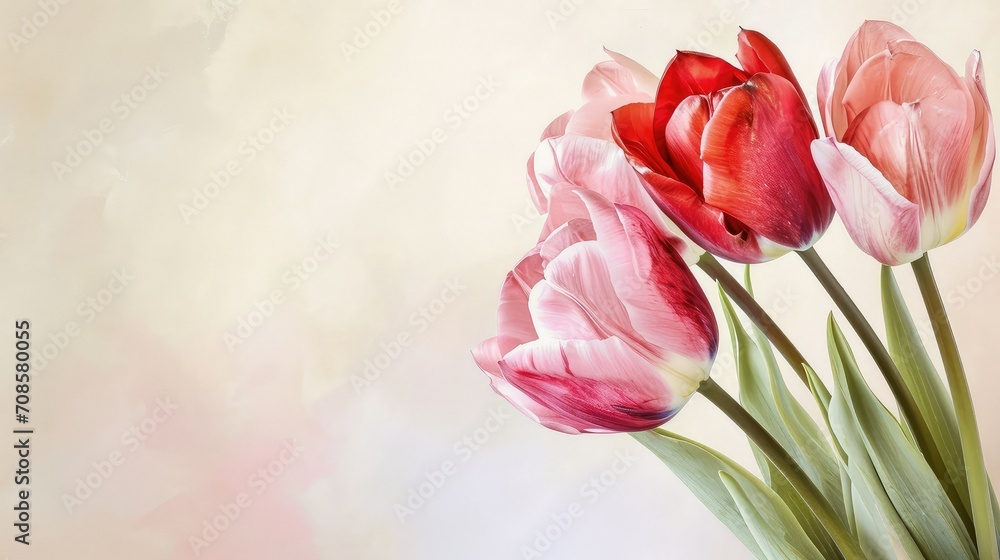 Closeup of blooming tulip flower in spring on pastel watercolor background, copy space. Closeup of blooming tulip flower in spring on pastel watercolor background, copy space.