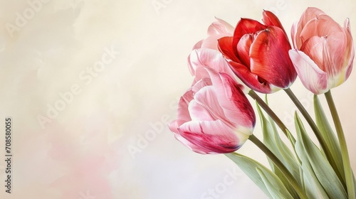 Closeup of blooming tulip flower in spring on pastel watercolor background  copy space.