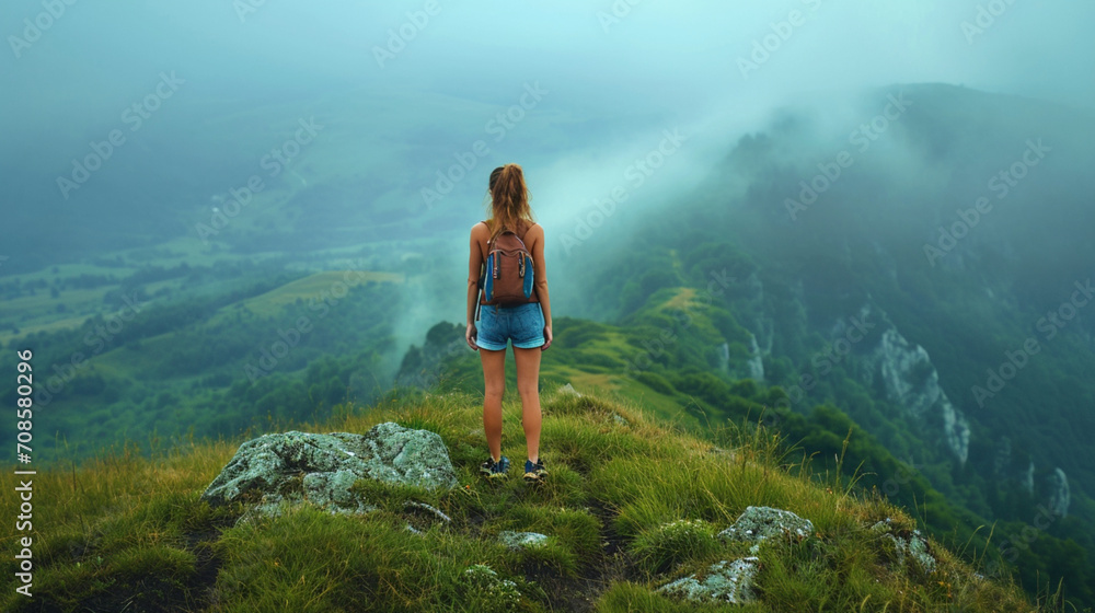夏の夕方、霧の中で美しい山の谷を眺める緑の草を持つ山の頂上にいる女の子GenerativeAI - obrazy, fototapety, plakaty 