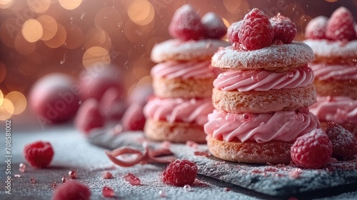 Taste of Modern Elegance. Luxury French Sweets in Magenta, Adorned with Pink Heart-shaped Cakes and Decorations, Evoking a Romantic Valentine's Day Vibe
