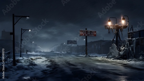 black ice - a street in the evening with the warning sign