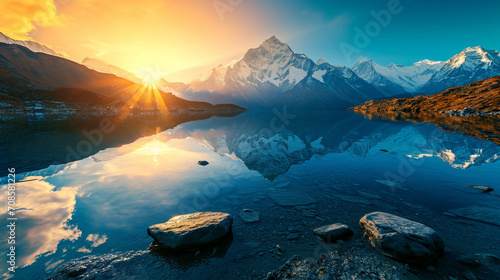 輝く山々、山の湖の石、日の出の反射、青い空、黄色い日差しのある美しい風景GenerativeAI