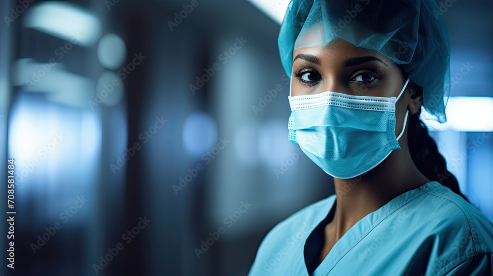 a confident female healthcare worker in a busy hospital ensures maximum protection by wearing a face mask and hospital blue uniform created with Generative AI Technology