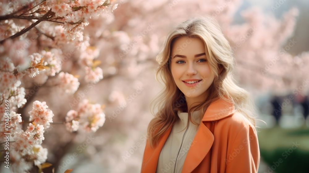 Young woman with a smile near blooming trees. Young woman with a smile near blooming trees.