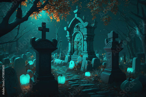 Collapsing cenotaph with sculptural elements in old cemetery under light of full moon. Halloween card. Generated ai. photo