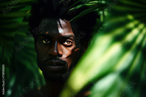 Young beautiful African-American male stands among green fresh leaves.