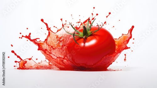 tomato with tomato ketchup splash on white background