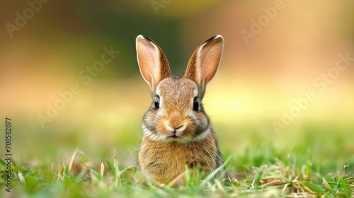 A small rabbit with big ears alert in lush green grass.