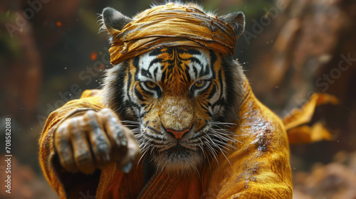  A powerful tiger draped in orange fabric against a forest backdrop. 