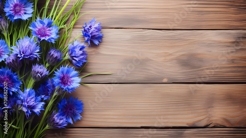 Bunch of blue cornflowers on rustic wooden board top view.