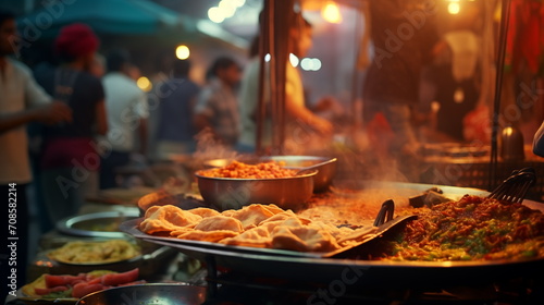 India street food at night market. AI Generative. photo