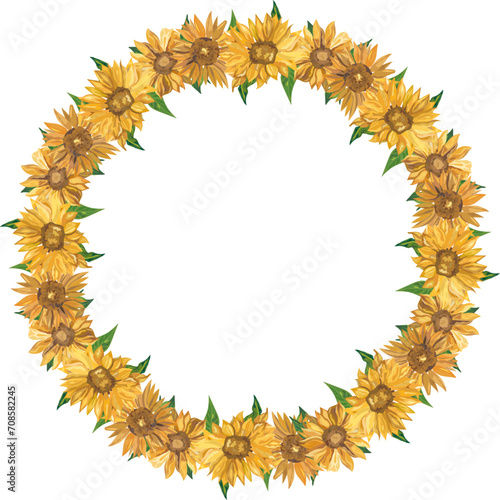 Sunflower wreath frame illustration on transparent background.