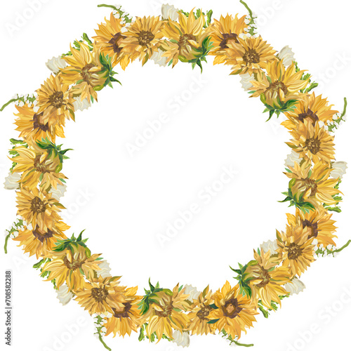 Sunflower wreath frame illustration on transparent background.