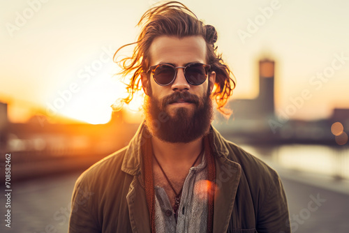 Close up of young stylish man with beard and long hair.