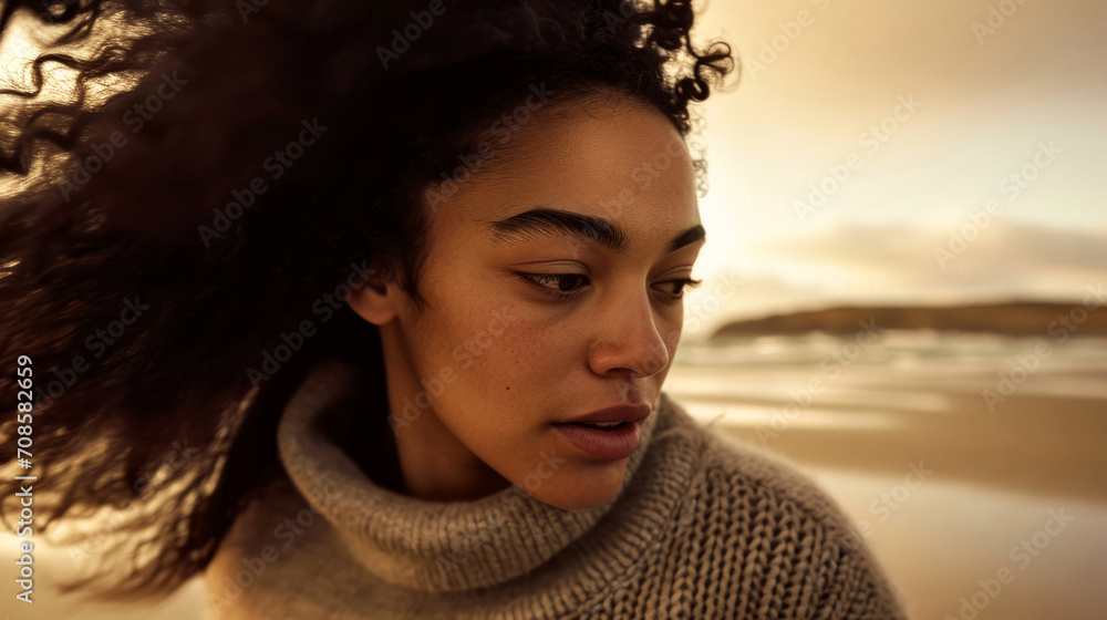 Moody dark portrait of young Gen-Z mixed race woman wearing knitted sweater standing by the sea in cold day Moody dark portrait of young Gen-Z mixed race woman wearing knitted sweater standing by the sea in cold day