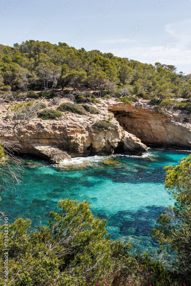 Turquoise sea and cliffs near Cala Cap Falco beach in Mallorca. Beautiful natural scenery on the Balearic Islands