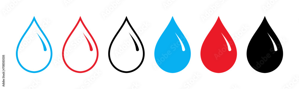 Set of glossy water, blood and oil drop icon set. Blue, red and black drop icons outlined and filled isolated on white background. Set of glossy water, blood and oil drop icon set. Blue, red and black drop icons outlined and filled isolated on white background.