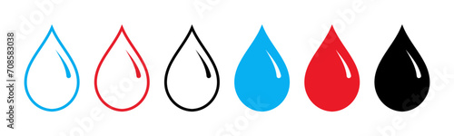 Set of glossy water, blood and oil drop icon set. Blue, red and black drop icons outlined and filled isolated on white background.