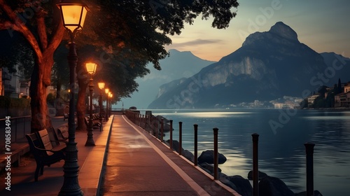 City of Riva del Garda by Garda lake in Italy. View from the promenade to see in the early morning