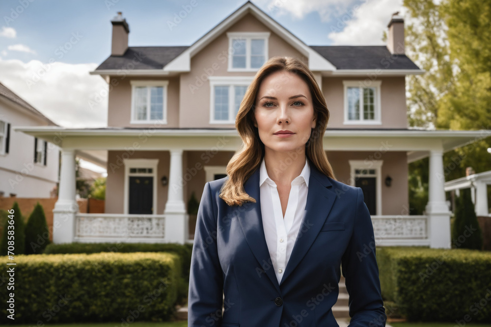 Real Estate Agent in front of House. Businesswoman, Realtor or Property Manager. Real Estate Agent in front of House. Businesswoman, Realtor or Property Manager.