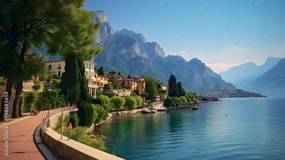 City of Riva del Garda by Garda lake in Italy. View from the promenade to see in the early morning