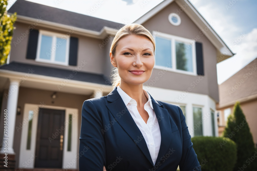 Portrait of confident female real estate agent standing outside house Portrait of confident female real estate agent standing outside house