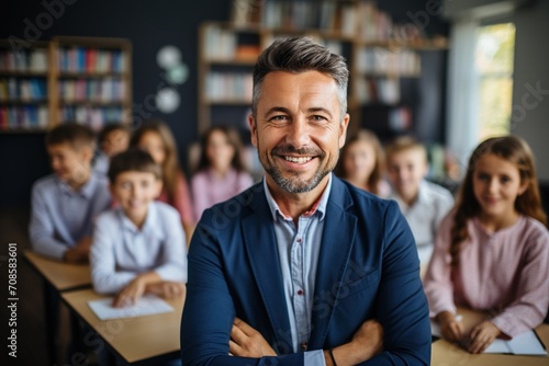Happy teacher standing in classroom with students photo