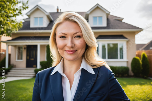 Confident female realtor in front of a charming house. Perfect for real estate, property investment, home buying, and housing market concepts. photo