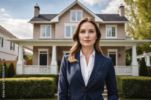 Real Estate Agent in front of House. Businesswoman, Realtor or Property Manager.