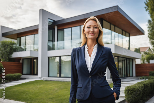 Female Real Estate Agent in front of modern contemporary house for sale. © EliteLensCraft