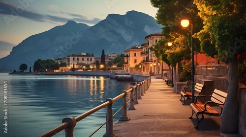 City of Riva del Garda by Garda lake in Italy. View from the promenade to see in the early morning