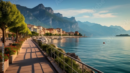 City of Riva del Garda by Garda lake in Italy. View from the promenade to see in the early morning