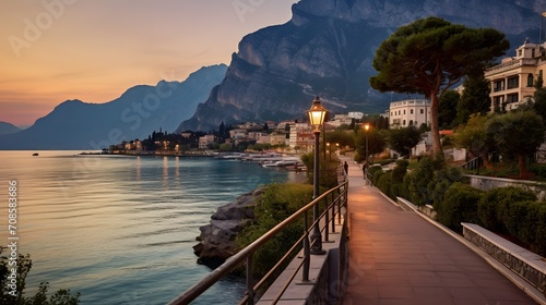City of Riva del Garda by Garda lake in Italy. View from the promenade to see in the early morning