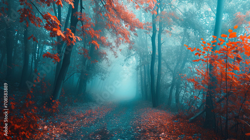 秋の青い霧の中の美しい神秘的な森GenerativeAI