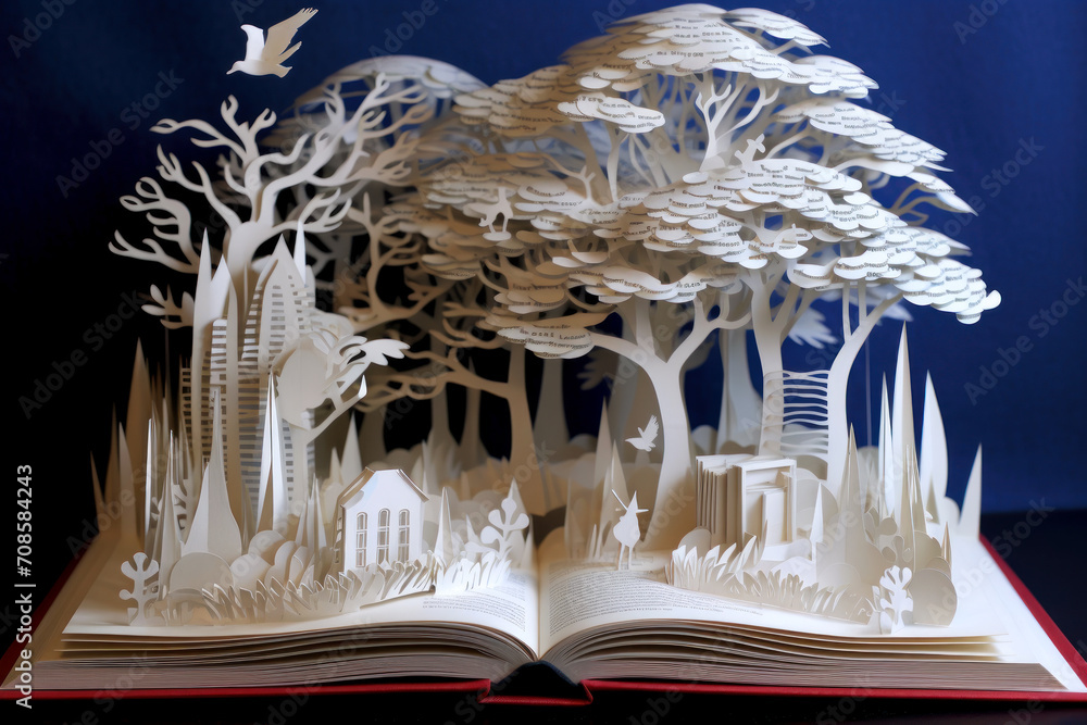 Open book with voluminous fairy-tale pattern inside on wooden table - obrazy, fototapety, plakaty 