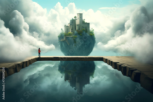 Surreal landscape with a flying piece of land and a house on it. A man in red clothes stands on a stone parapet and looks on a floating building. Generative AI. photo