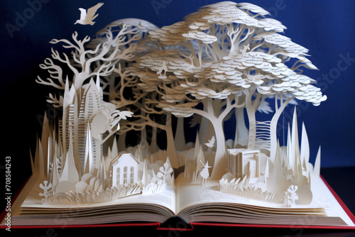 Open book with voluminous fairy-tale pattern inside on wooden table