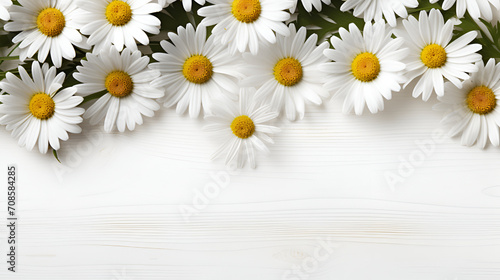 Fresh White Daisy Flowers on Bright Wood, Spring Floral Background, Clean and Pure Design Concept
