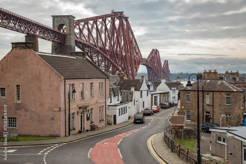 The Forth Bridge and North Queensferry town in Edinburgh neighborhood, Scotland