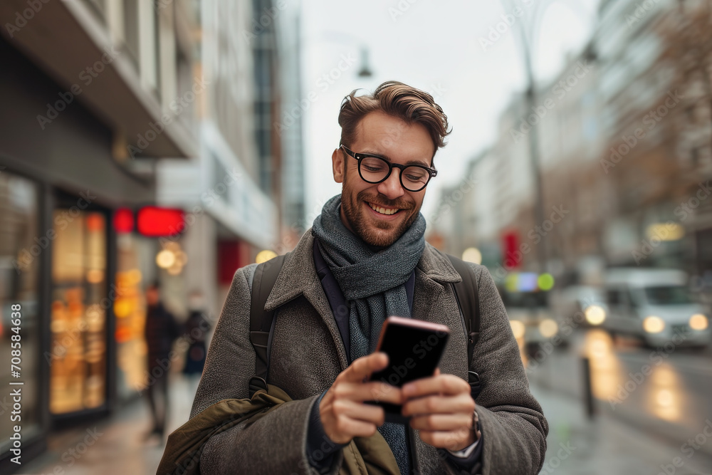 hombre maduro mirando y sosteniendo un teléfono móvil entre sus manos, vistiendo abrigo y bufanda, sobre fondo desenfocado de una ciudad al atardecer - obrazy, fototapety, plakaty 