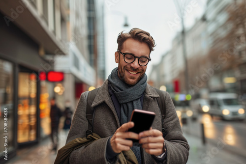 hombre maduro mirando y sosteniendo un teléfono móvil entre sus manos, vistiendo abrigo y bufanda, sobre fondo desenfocado de una ciudad al atardecer photo