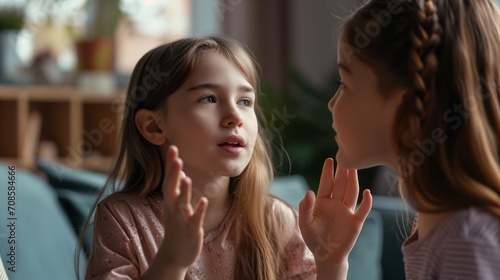 Girls talking with hands, holding a conversation in sign language, speech impaired kid signing for deaf family members, communicating with fingers gestures, hand signs and face expression, silent talk