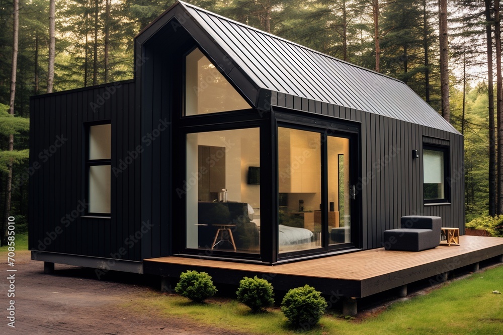 Fototapeta premium Black modern cabin in the woods