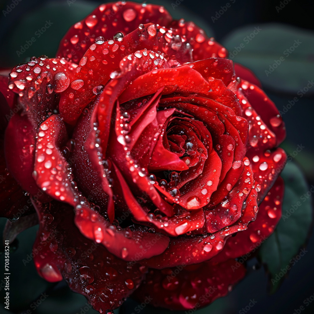 large red rose in full bloom, with crystal-clear water droplets adorning its lush petals , Beautiful red rose with water drops on dark background, closeup large red rose in full bloom, with crystal-clear water droplets adorning its lush petals , Beautiful red rose with water drops on dark background, closeup